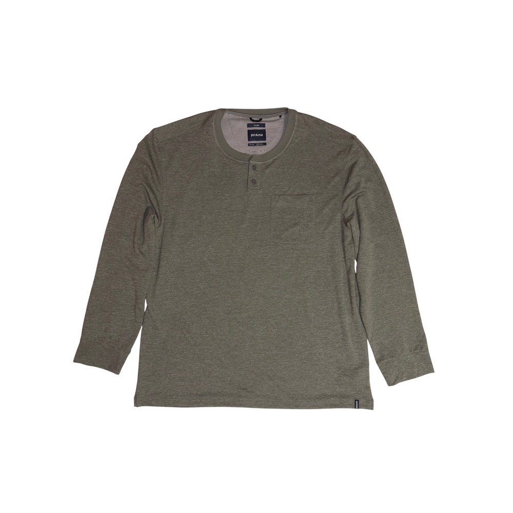 PRANA Henley Shirt Mens XXL Olive Green Slim Fit Sol Defender Long Sleeve